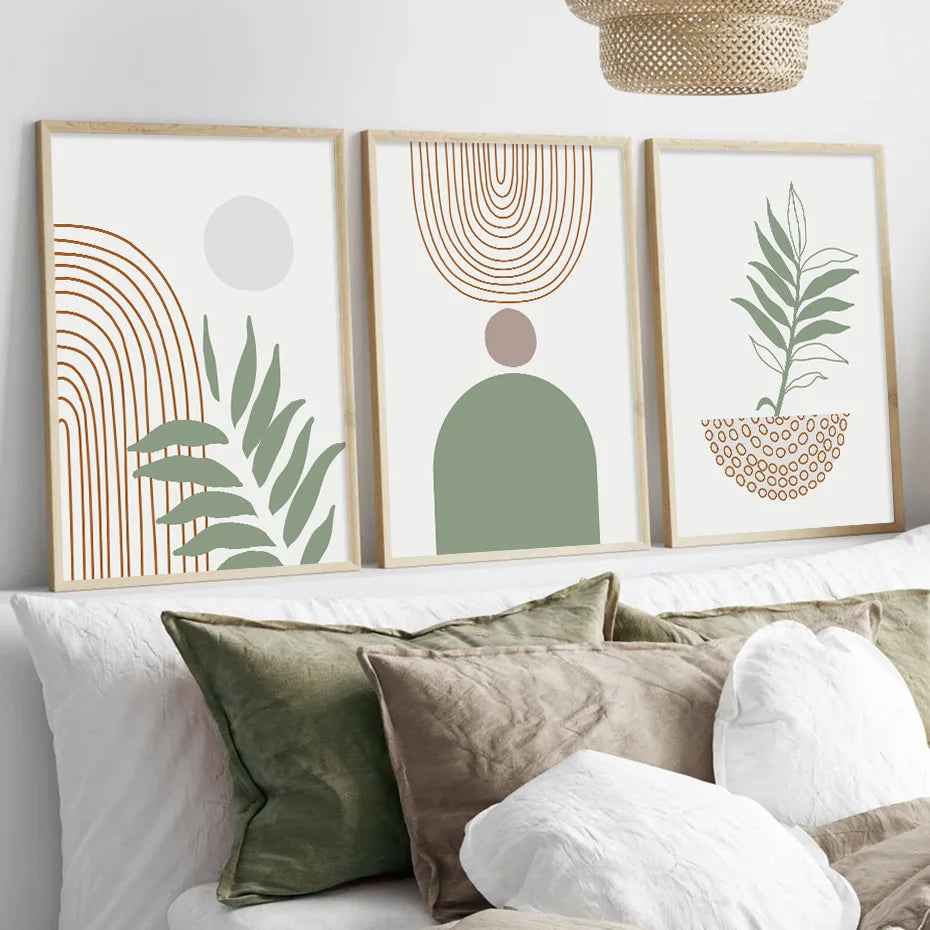 Trio de Posters Abstraits - Géométrie Boho en Vert Olive et Brun pour Décoration Murale