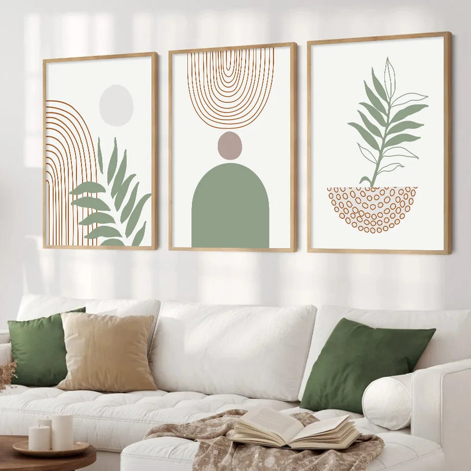 Trio de Posters Abstraits - Géométrie Boho en Vert Olive et Brun pour Décoration Murale