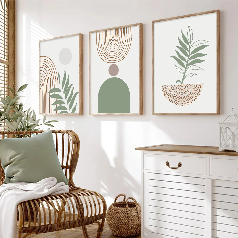 Trio de Posters Abstraits - Géométrie Boho en Vert Olive et Brun pour Décoration Murale