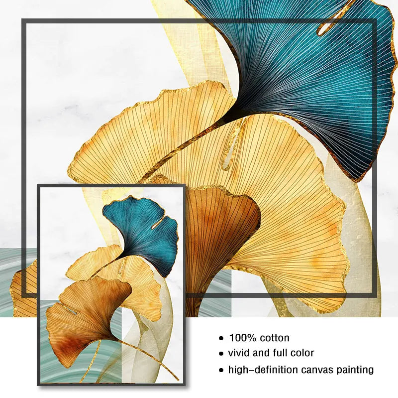 Tableau Abstrait Feuille de Plante - Impression sur Toile Nordic Bleu, Vert, Jaune et Or pour Décoration de Salon Moderne
