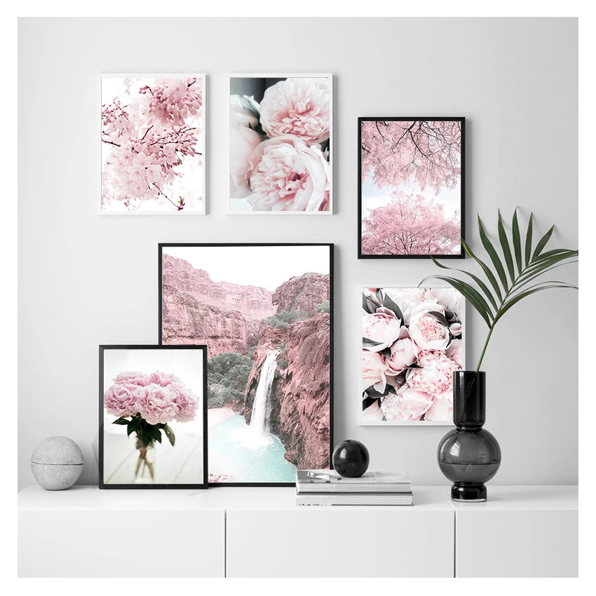 Flower Mountain Nordic Posters And Prints Wall Art Canvas Painting Wall Pictures For Living Room Cherry Blossoms Peony Carnation