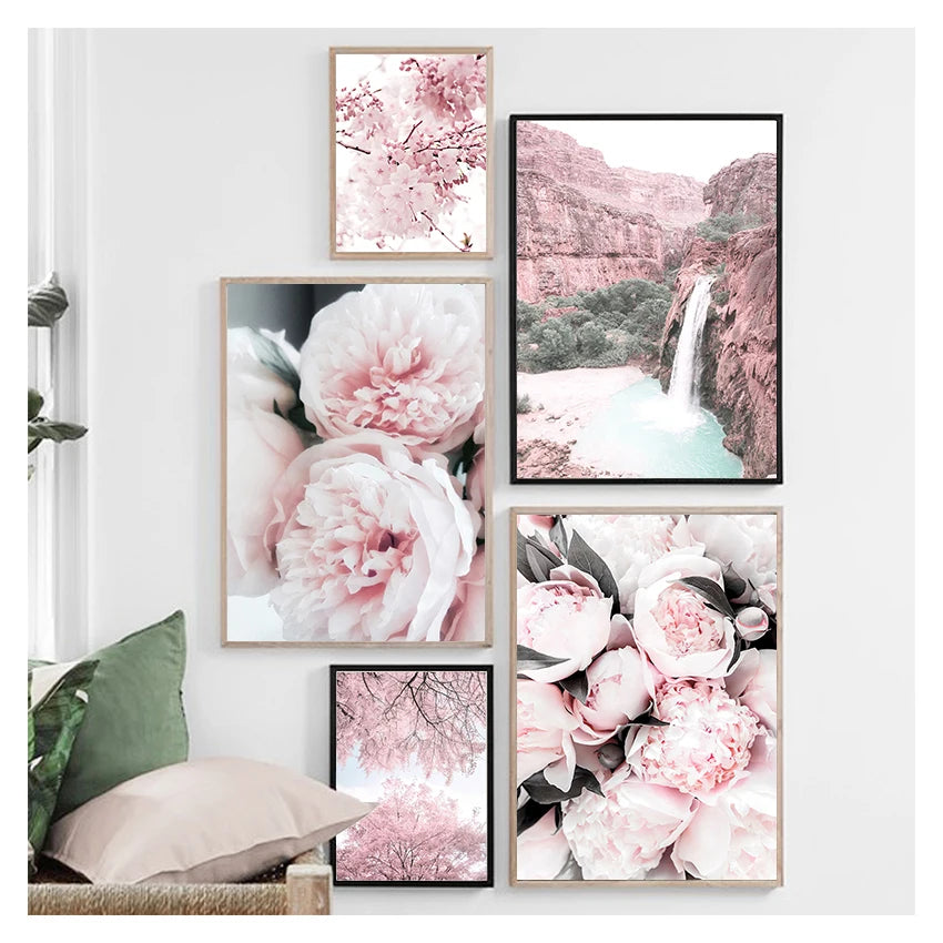 Flower Mountain Nordic Posters And Prints Wall Art Canvas Painting Wall Pictures For Living Room Cherry Blossoms Peony Carnation