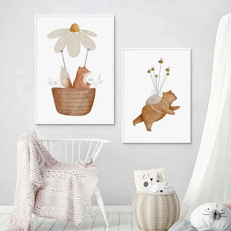 Art Mural en Toile Boho avec Animaux de la Ferme - Peinture de Lapin, Ours, Abeille et Fleurs pour Décoration de Chambre de Bébé et d’Enfant