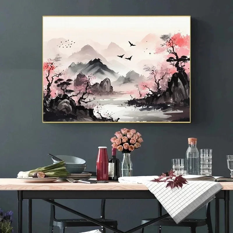 Chinese Landscape Birds Forest Mountain River Koi Carp Fish Ink Art Poster Canvas Painting Wall Art Prints Picture Home Decor