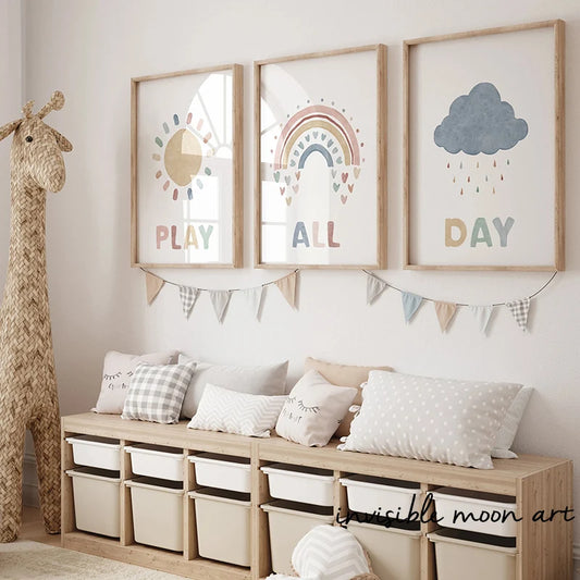 Affiche Murale Bohème pour Chambre d'Enfant : Arc-en-Ciel, Soleil et Nuage - Décoration Ludique pour Salle de Jeux