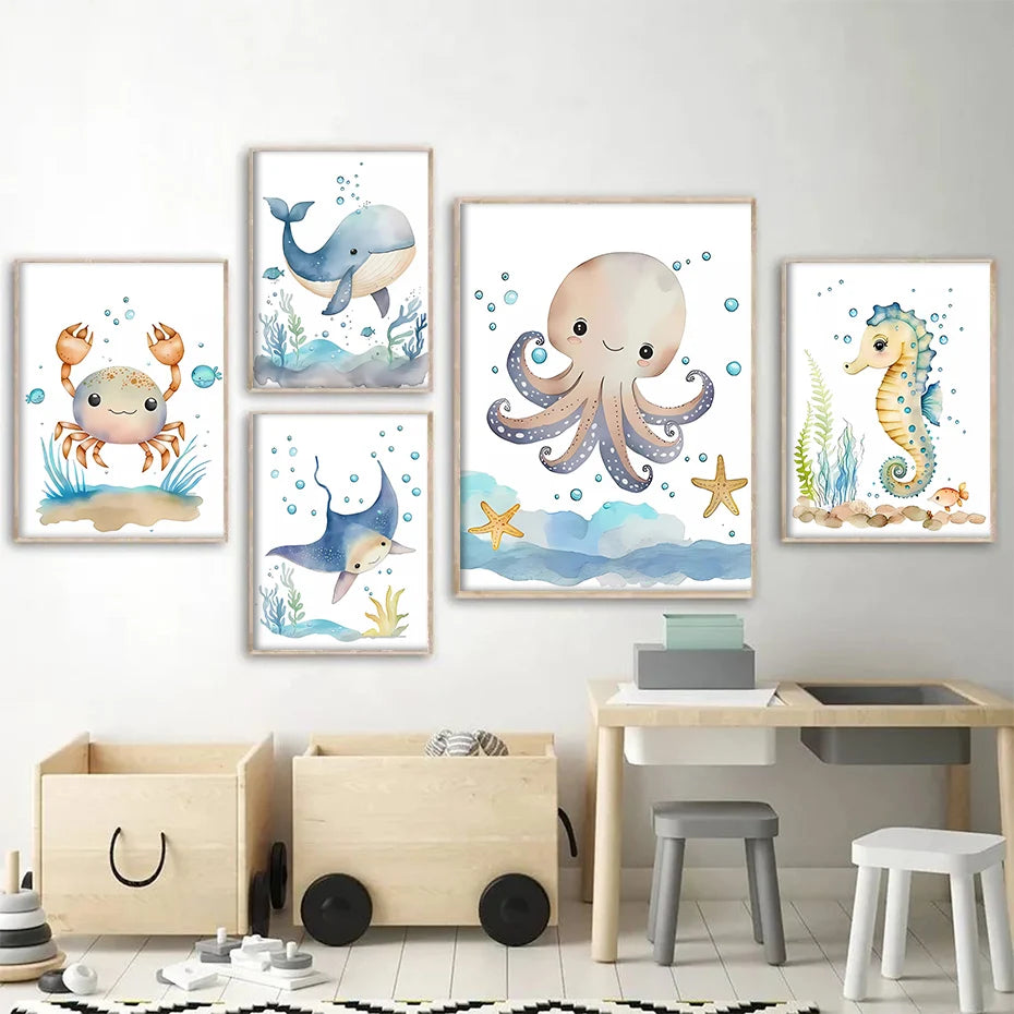 Affiche et Impression sur Toile d'Animaux Marins Cartoon - Baleine, Hippocampe et Tortue pour Décoration de Chambre de Bébé et d'Enfant