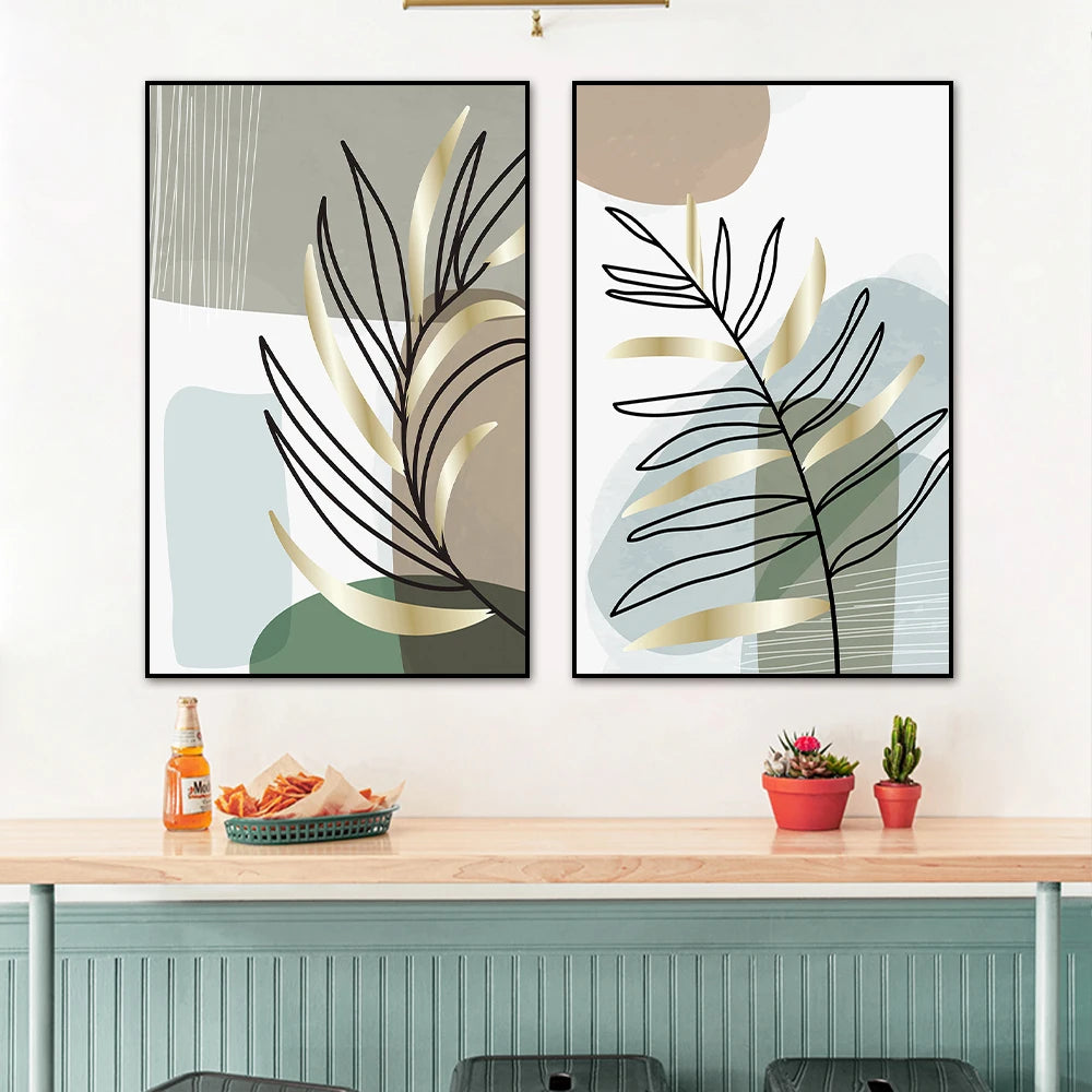 Ensemble de 2 Impressions sur Toile Sans Cadre - Art Murale Nordic, Plantes et Géométrie