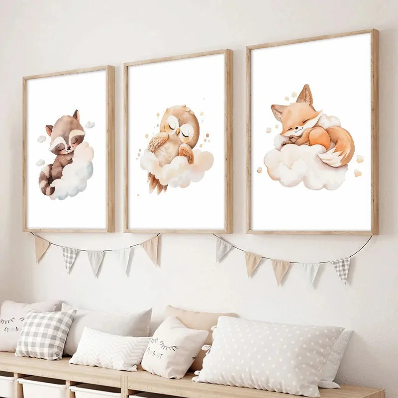 Cartoon Cloud Animal Wall Art Canvas Painting Cute Raccoon Fox Deer Kids Bedroom Poster Nursery Picture Baby Room Decor Mural