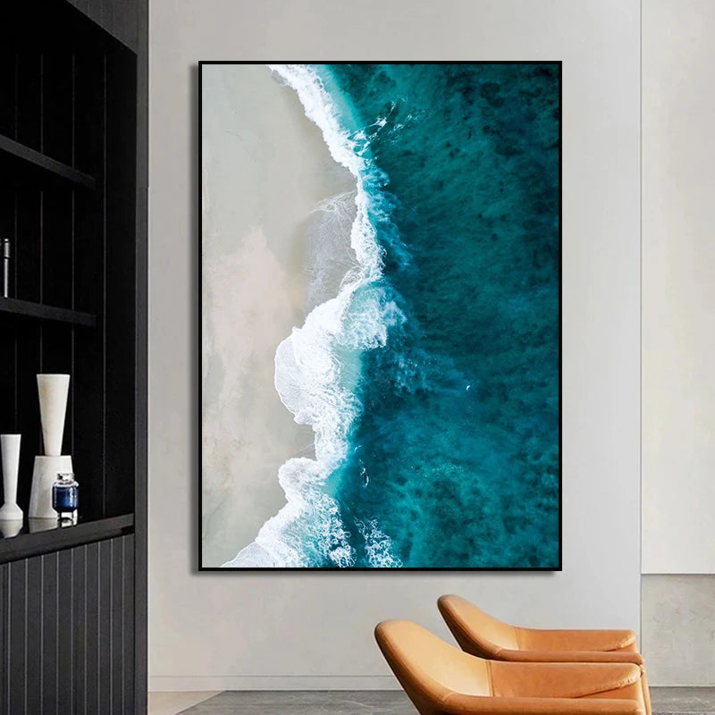 Nature Beach Sea Waves Pampas Grass Grey Poster Grass Reed and Sky Landscape Canvas Painting Pictures for Living Room Home Decor