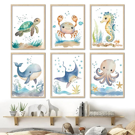 Affiche et Impression sur Toile d'Animaux Marins Cartoon - Baleine, Hippocampe et Tortue pour Décoration de Chambre de Bébé et d'Enfant