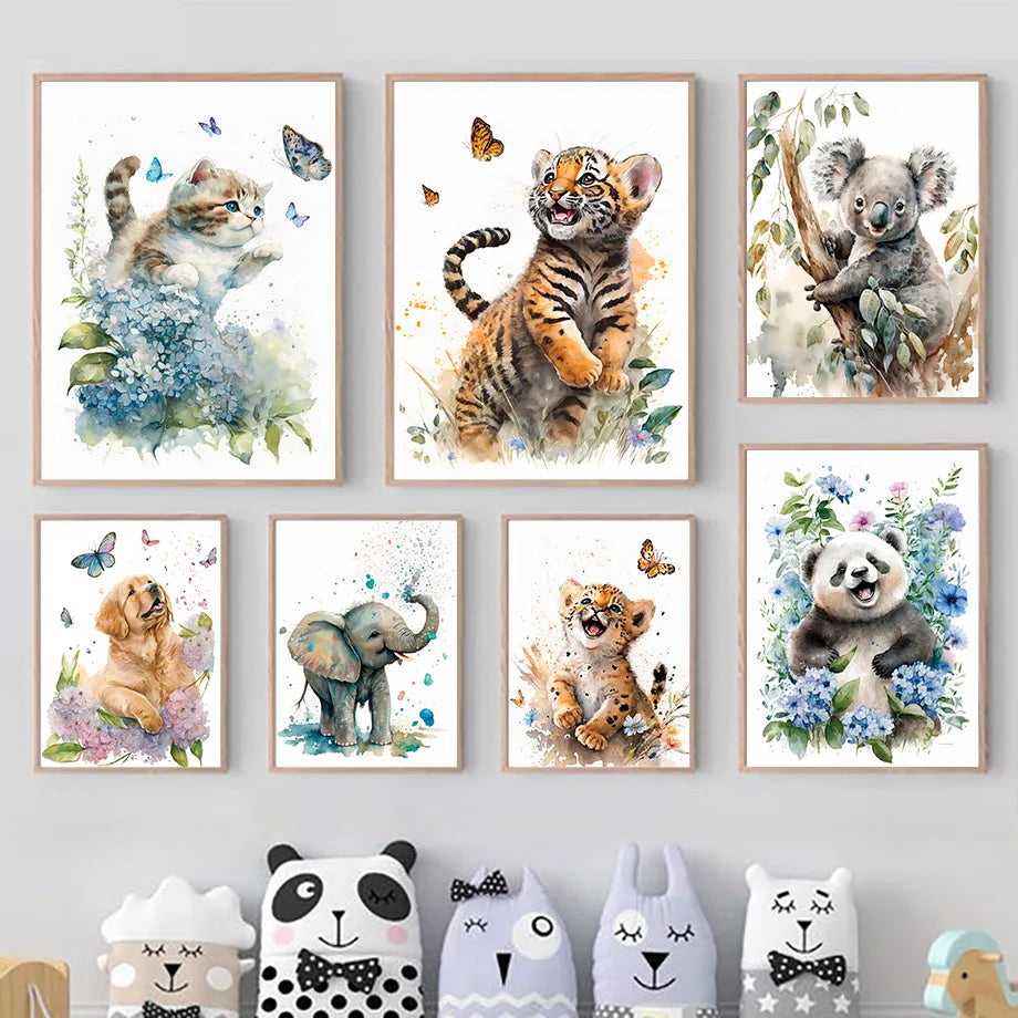 Art Mural en Toile Aquarelle - Posters de Cartoon Animaux (Éléphant, Panda, Tigre, Koala, Chat) pour Décoration de Chambre de Bébé