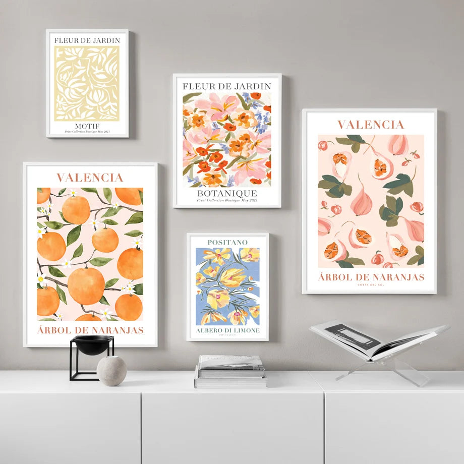 Valencia Orange Positano Lemon Flowers Leaves Wall Art Print CanvasNordic Poster Painting  Wall Pictures For Living Room Decor