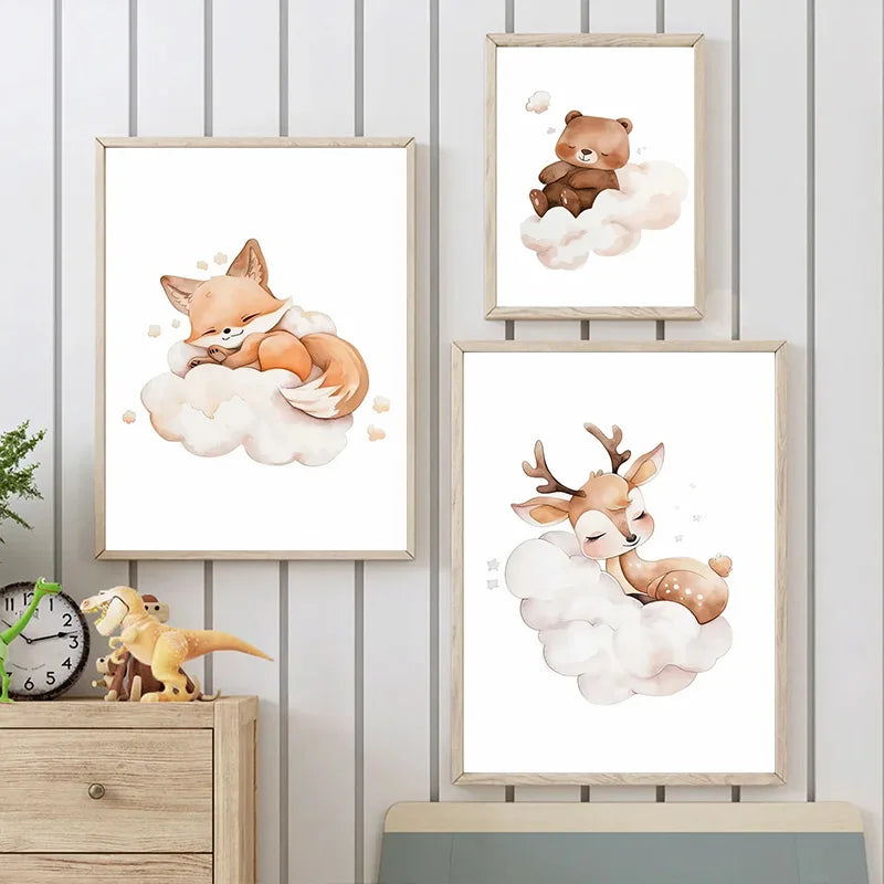 Cartoon Cloud Animal Wall Art Canvas Painting Cute Raccoon Fox Deer Kids Bedroom Poster Nursery Picture Baby Room Decor Mural