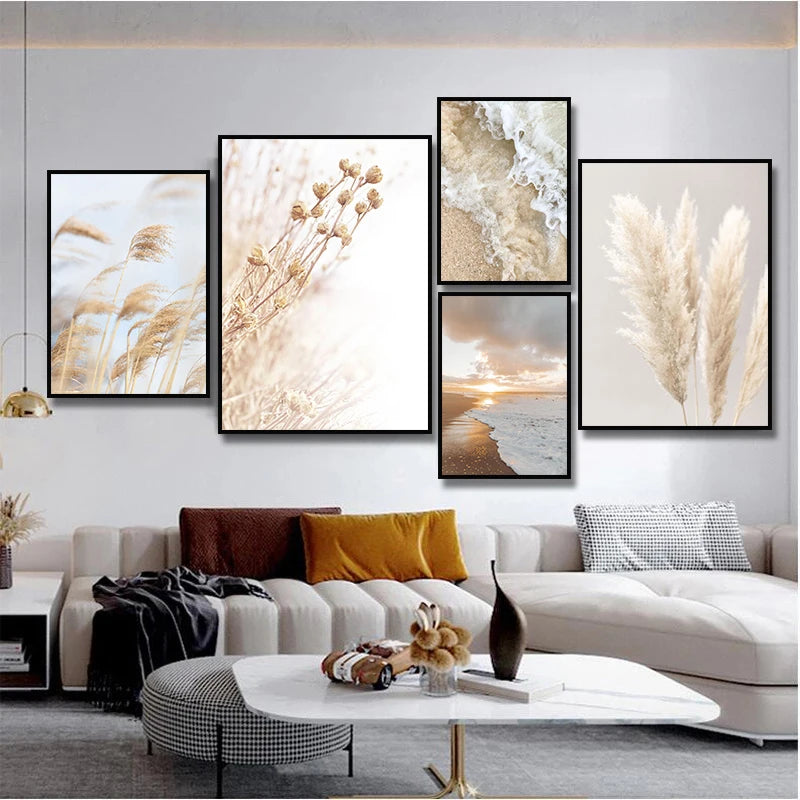 Nature Beach Sea Waves Pampas Grass Grey Poster Grass Reed and Sky Landscape Canvas Painting Pictures for Living Room Home Decor