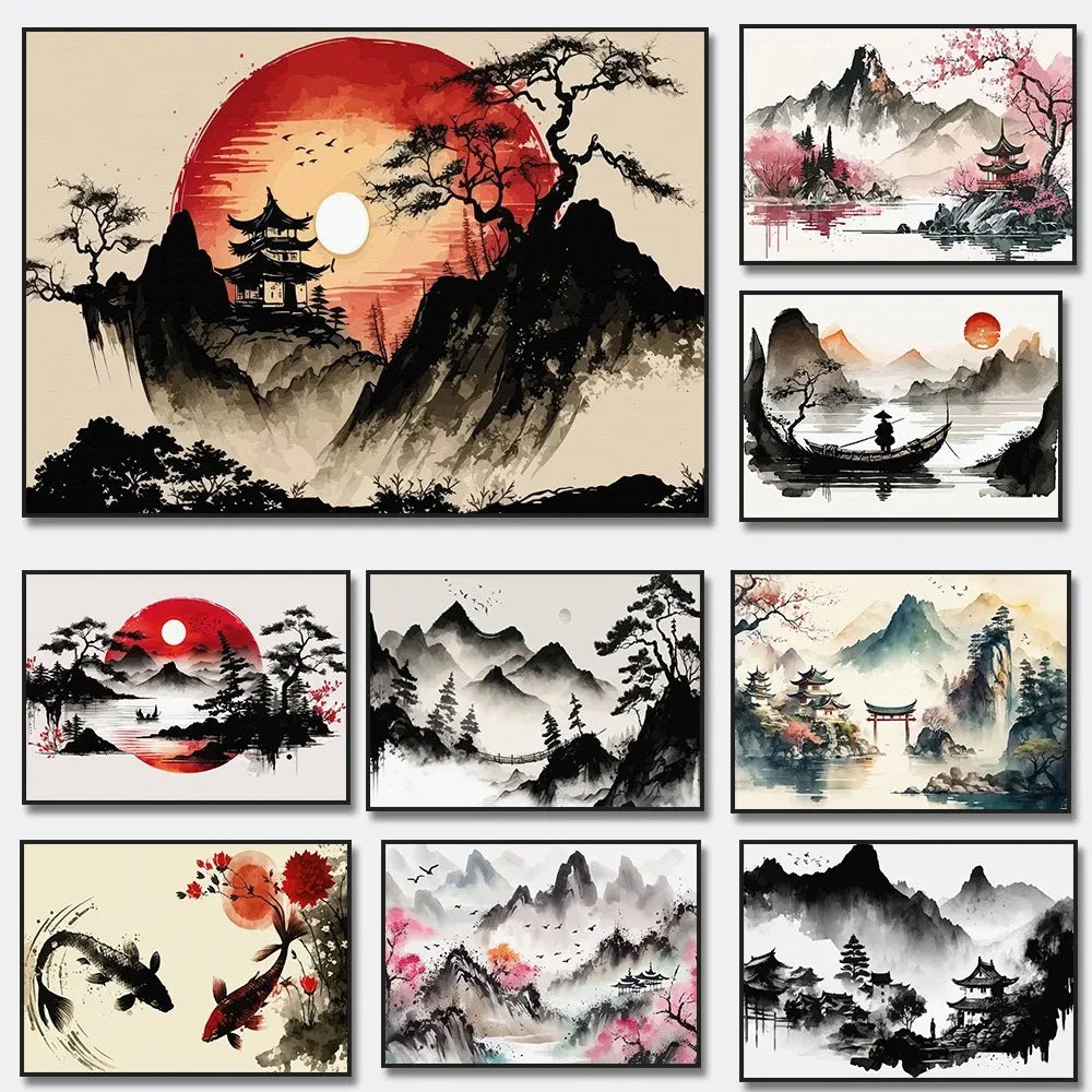 Chinese Landscape Birds Forest Mountain River Koi Carp Fish Ink Art Poster Canvas Painting Wall Art Prints Picture Home Decor