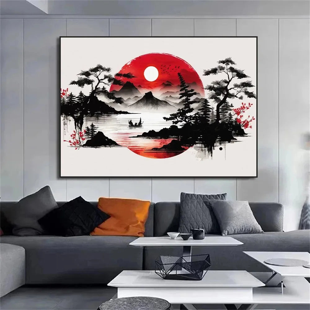 Chinese Landscape Birds Forest Mountain River Koi Carp Fish Ink Art Poster Canvas Painting Wall Art Prints Picture Home Decor