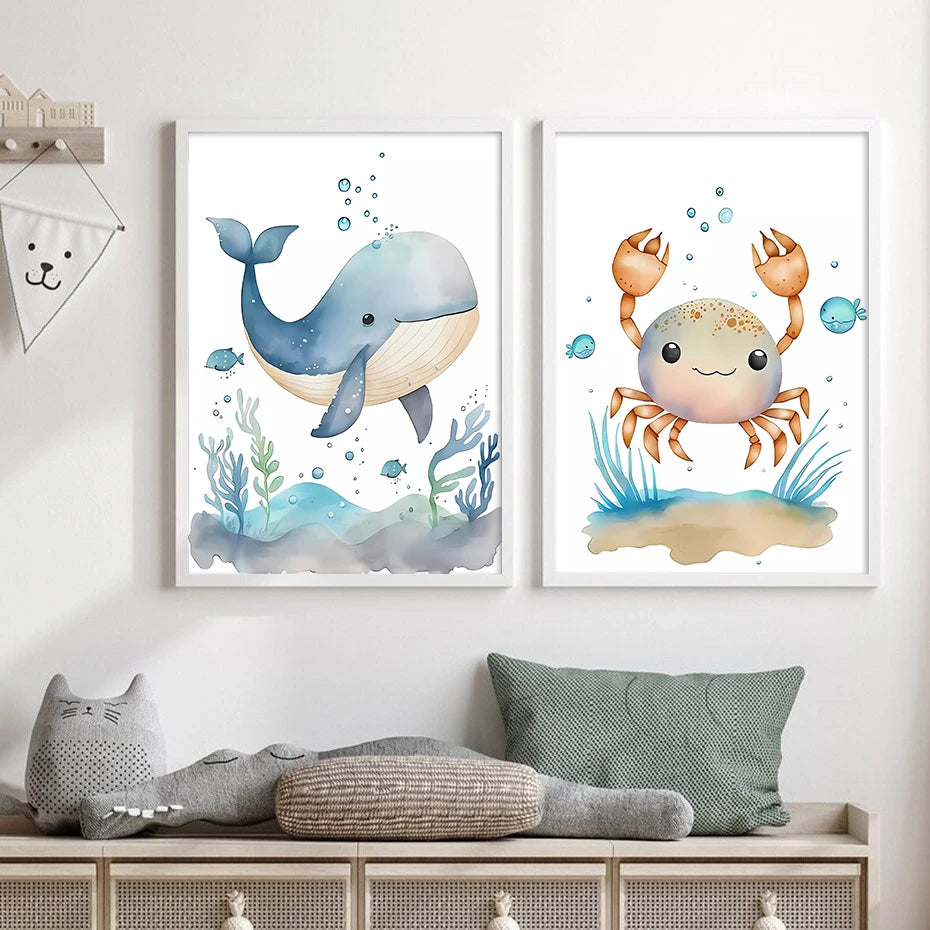 Affiche et Impression sur Toile d'Animaux Marins Cartoon - Baleine, Hippocampe et Tortue pour Décoration de Chambre de Bébé et d'Enfant