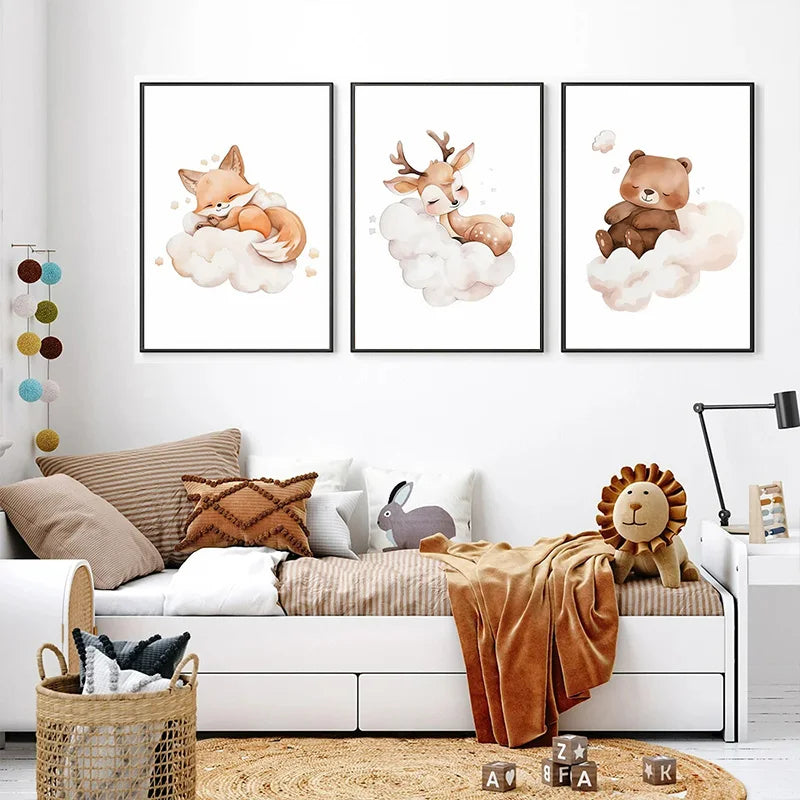 Cartoon Cloud Animal Wall Art Canvas Painting Cute Raccoon Fox Deer Kids Bedroom Poster Nursery Picture Baby Room Decor Mural