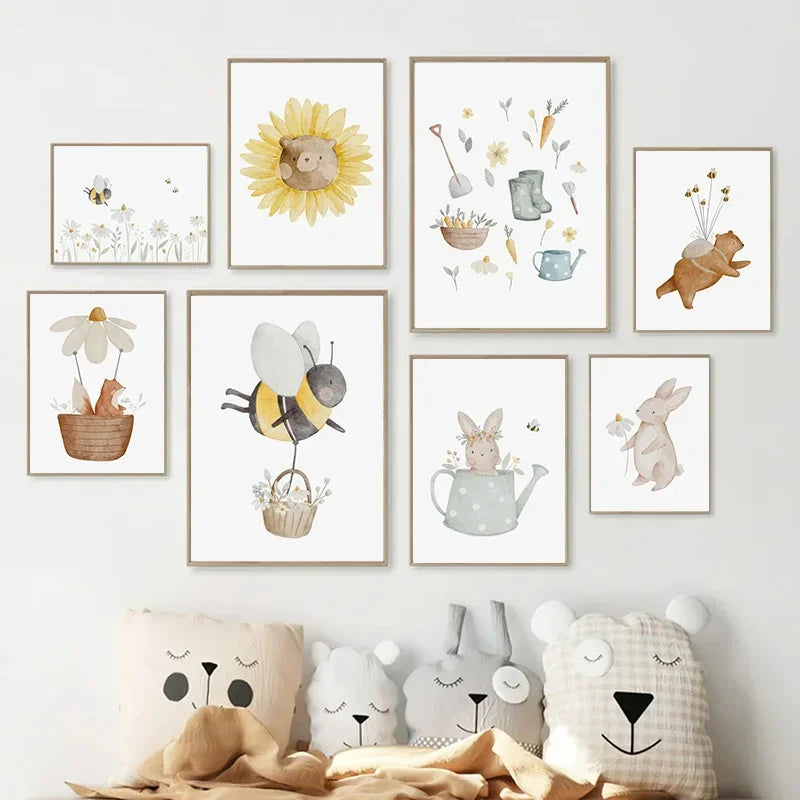 Art Mural en Toile Boho avec Animaux de la Ferme - Peinture de Lapin, Ours, Abeille et Fleurs pour Décoration de Chambre de Bébé et d’Enfant