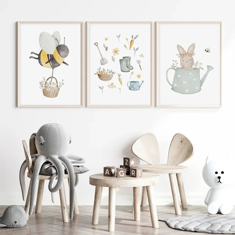 Art Mural en Toile Boho avec Animaux de la Ferme - Peinture de Lapin, Ours, Abeille et Fleurs pour Décoration de Chambre de Bébé et d’Enfant