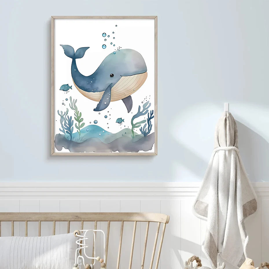 Affiche et Impression sur Toile d'Animaux Marins Cartoon - Baleine, Hippocampe et Tortue pour Décoration de Chambre de Bébé et d'Enfant