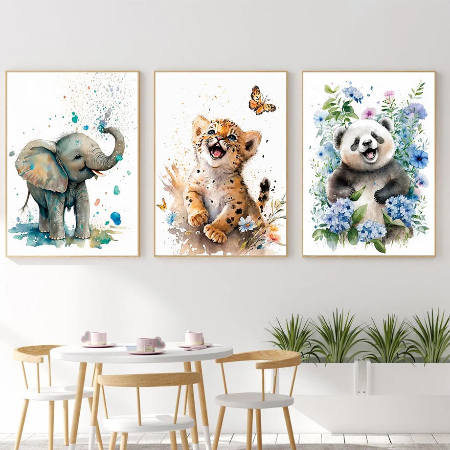 Art Mural en Toile Aquarelle - Posters de Cartoon Animaux (Éléphant, Panda, Tigre, Koala, Chat) pour Décoration de Chambre de Bébé