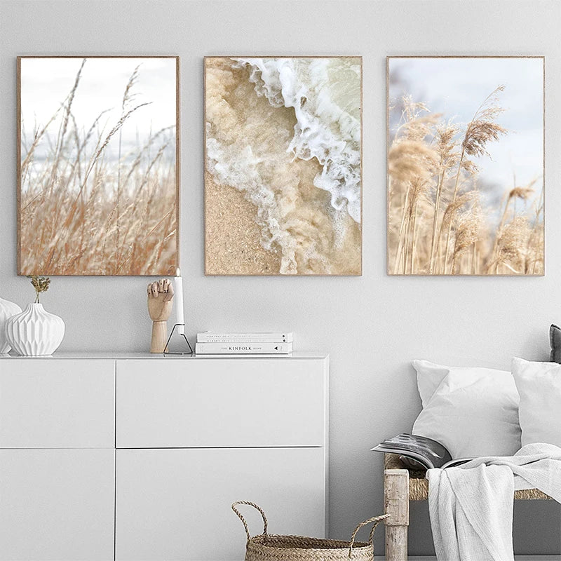 Nature Beach Sea Waves Pampas Grass Grey Poster Grass Reed and Sky Landscape Canvas Painting Pictures for Living Room Home Decor