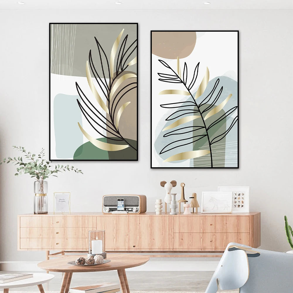 Ensemble de 2 Impressions sur Toile Sans Cadre - Art Murale Nordic, Plantes et Géométrie