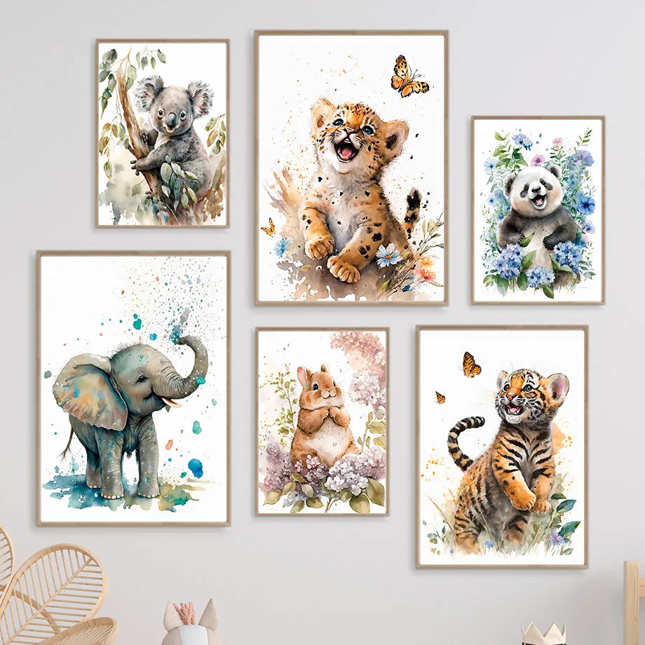 Art Mural en Toile Aquarelle - Posters de Cartoon Animaux (Éléphant, Panda, Tigre, Koala, Chat) pour Décoration de Chambre de Bébé